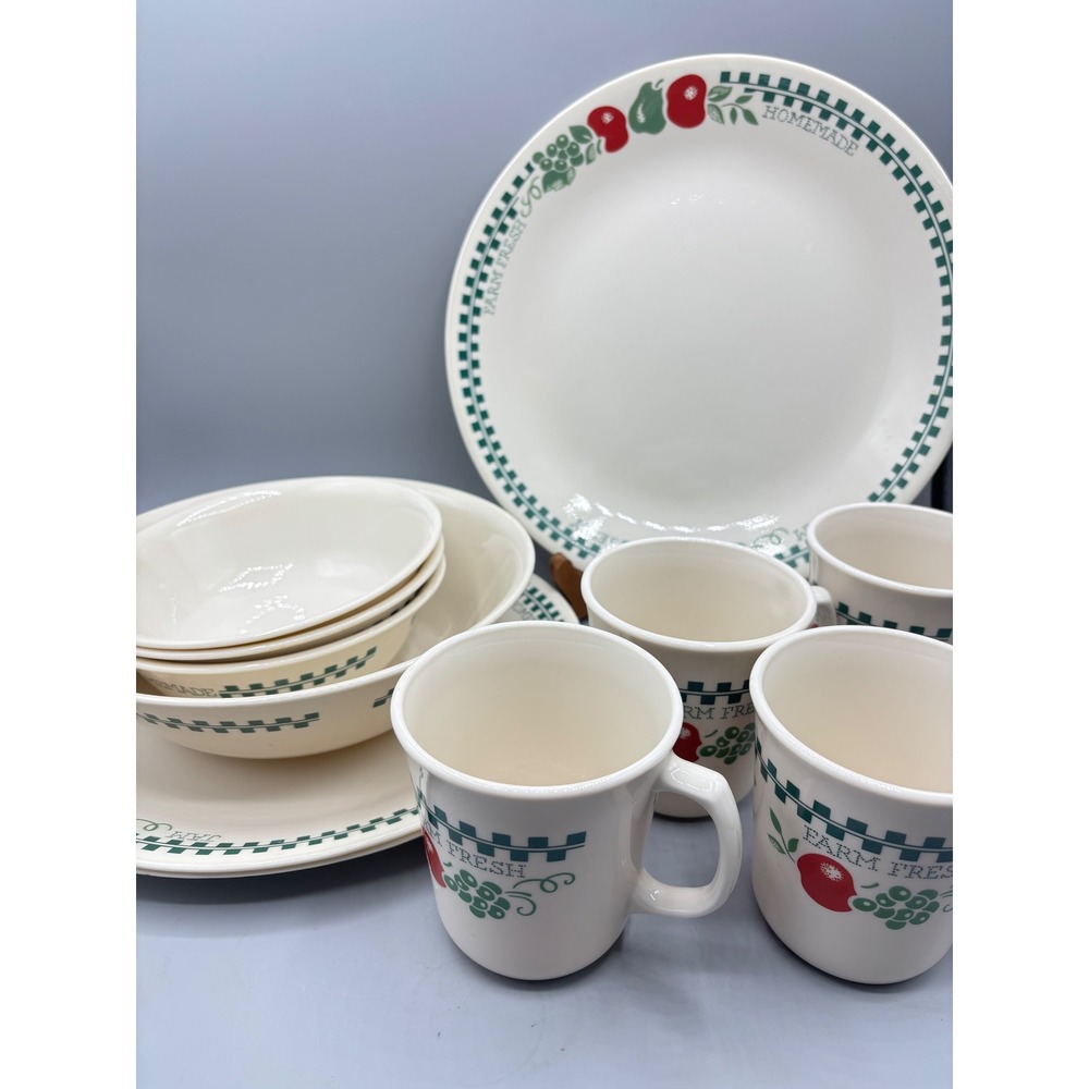 Corelle Farm Fresh 11 Pc Dinnerware Set Plates Bowls Mugs Green Checkered Apple